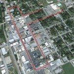The route of the Peach Festival parade on Saturday is marked in red. Floats will begin lining up at 8 a.m. on Saturday, and the parade begins at 9 a.m. Clanton Police will close the affected roads to all thru traffic at about 8:50 a.m.