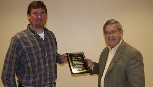 Chilton County Industrial Development Coordinator Fred Crawford presented Tony Reynolds with Taylor-Made Lumber Company in Maplesville a "thank you" plaque on Tuesday. Crawford presented the plaque to Reynolds after the Chilton County Industrial Appreciation Night was canceled in February due to weather.