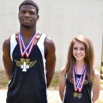 Medal winners: De’Rodgus Campbell (left) won Class 2A state track and field championships in the long jump and 100-meter dash, while Graham finished first in the 800-meter run and second in the 1600-meter run.