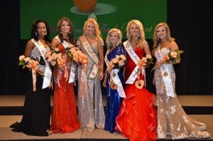 2014 Miss Peach Tayler Mazingo’s (third from left) court included (left to right) Savannah Swindle, third alternate; Natalie Peoples, first alternate and Swim Wear winner; Kendal Elijah, second alternate; Laken Patterson, fourth alternate; and Kali Trice, Miss Congeniality. 
