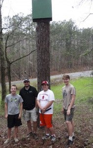 Conner Simms, former Park Ranger Jacob Sim, Drake Jones and Clay Vinson hang bat houses in areas where high mosquito populations are found.