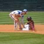 Cade Hatch of Chilton County tags out a runner attempting to steal second base. Hatch also displayed his skills at the plate with five hits and six RBIs in two games against Webster County (Ky.).