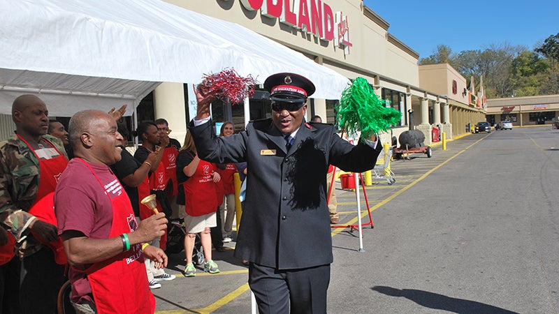 Salvation Army of Shelby and Chilton counties Captain Rufus McDowell pumps up the volunteers on Thursday, Nov. 10 at the Red Kettle kickoff at the Foodland Supermarket in Alabaster. (Reporter Photo/Graham Brooks)