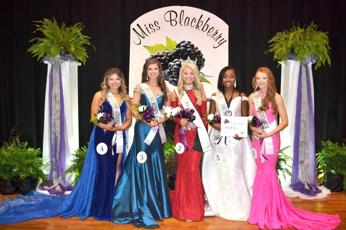 Miss Blackberry 2022 court includes third alternate Jesslyn Maddox, first alternate Allison Brooke Giles, Miss Blackberry Karlee Cummings, fourth alternate Alexis Faith Atchison and second alternate Morgan Wright